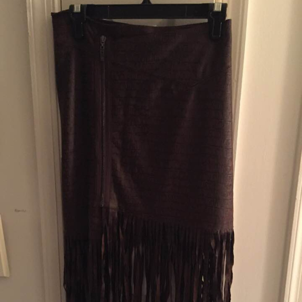 Brown Faux Leather Croco-embossed Skirt, Long Fringe, Stretch, Women's XL